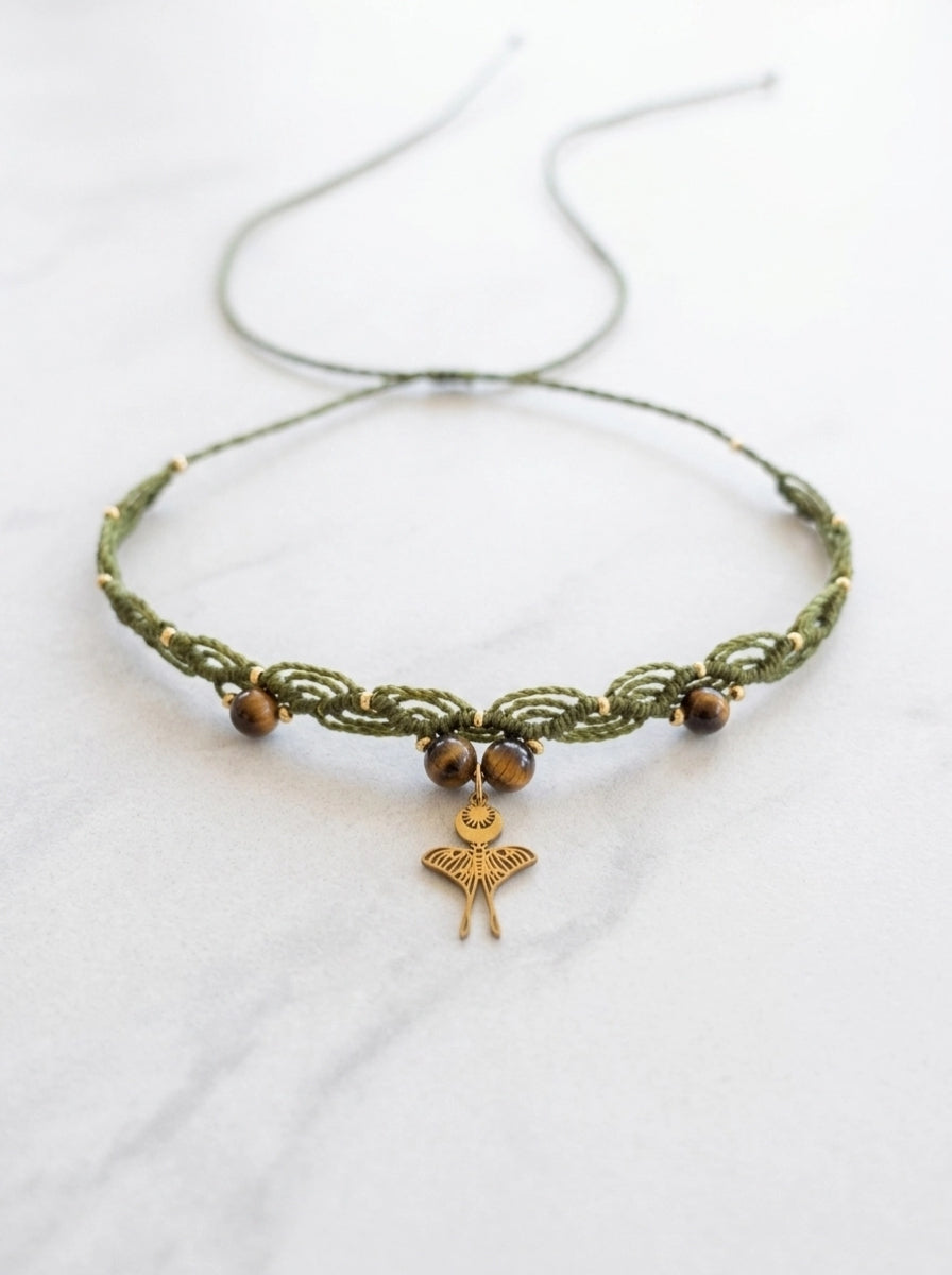 Tiger's Eye Moon Moth Choker - Olive