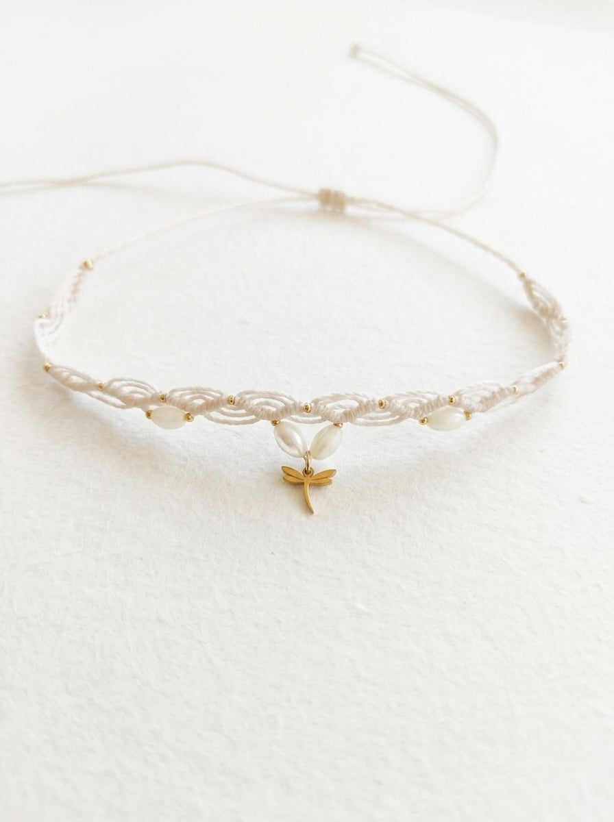 Mother of Pearl Dragonfly Choker - White