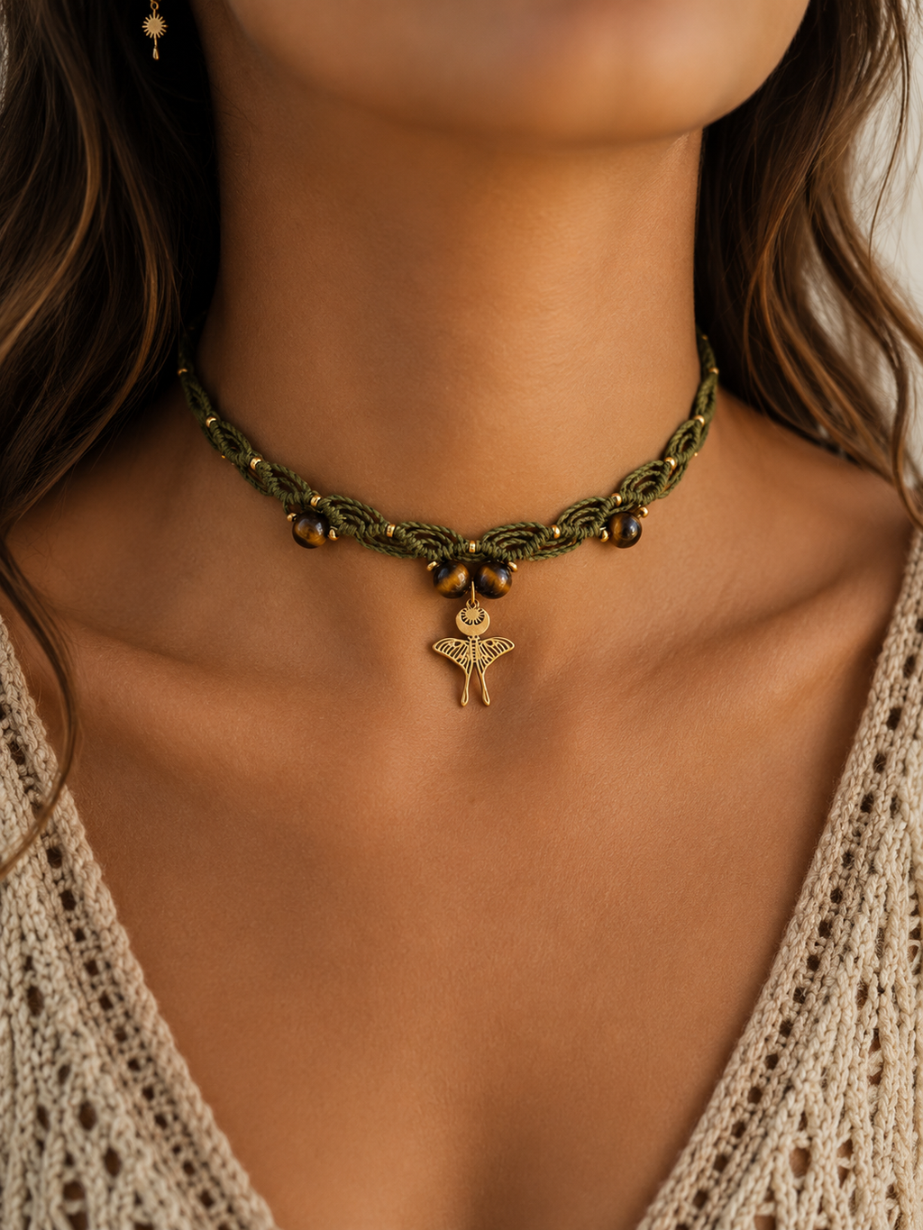Tiger's Eye Moon Moth Choker - Olive